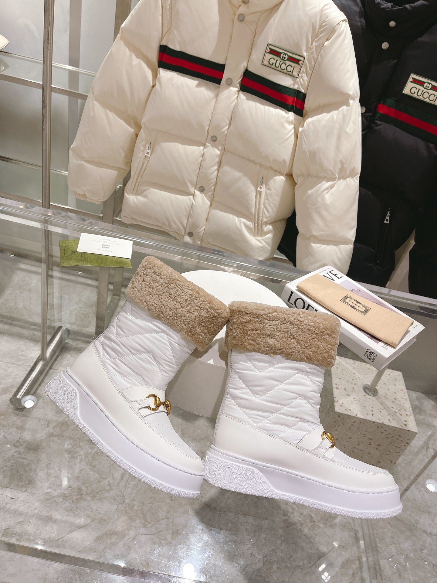 GG HORSEBIT CHEVRON QUILTED BOOTS WHITE