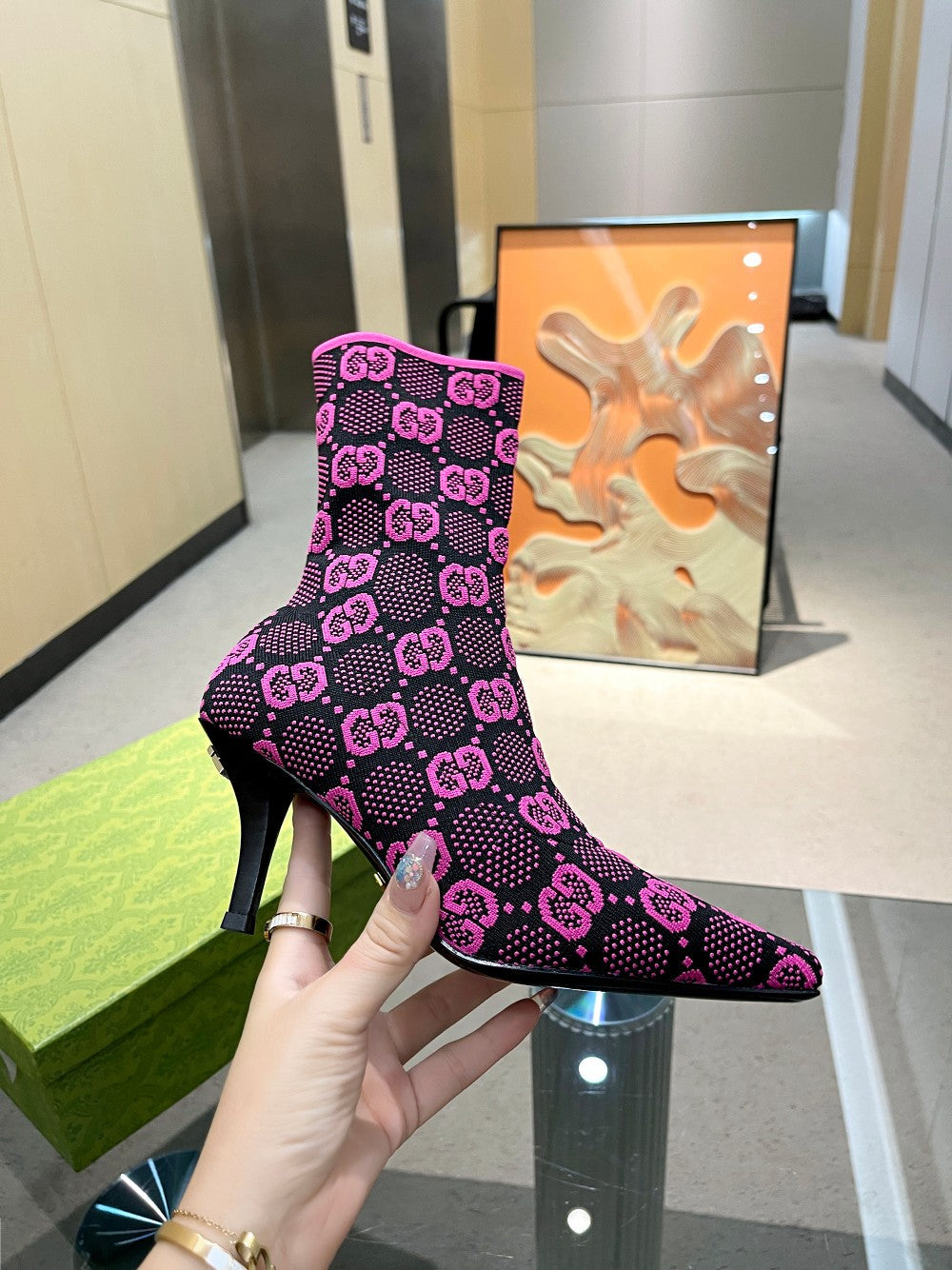 GG GG 75MM KNIT ANKLE BOOTS BLACK FLUORESCENT PINK FABRIC 718378 FAAQP 8610