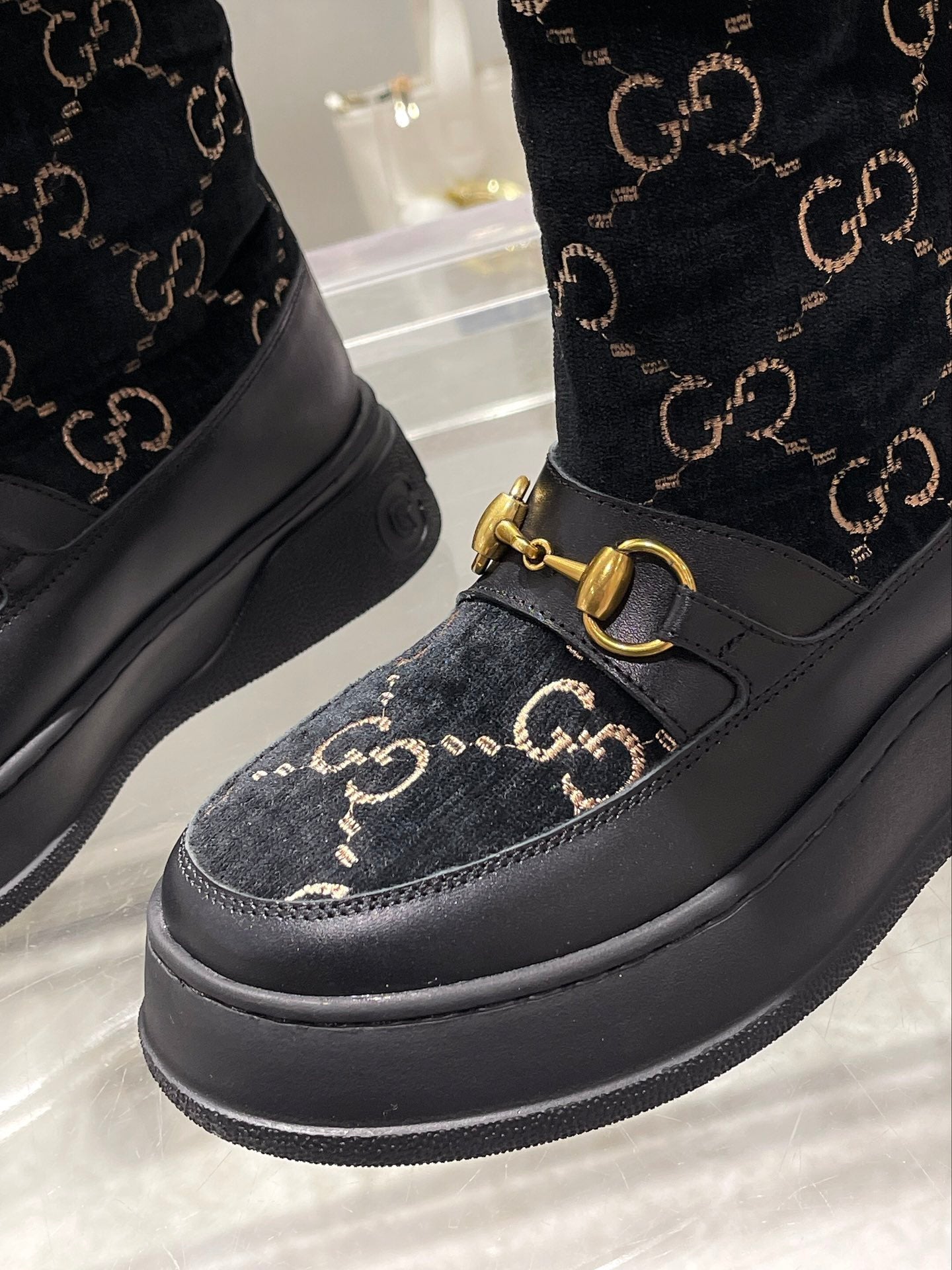 GG 1955 HORSEBIT SNOW BOOTS VELVET FABRIC BLACK
