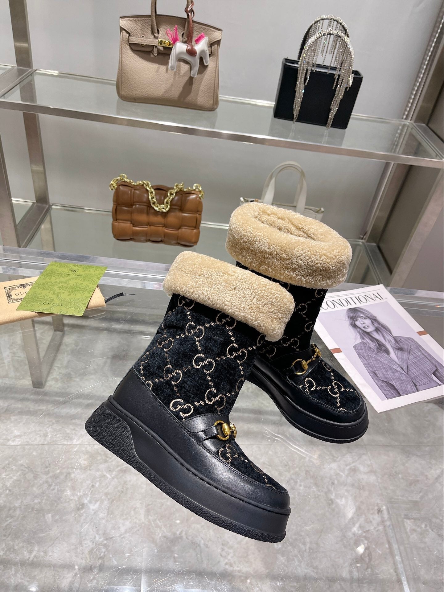 GG 1955 HORSEBIT SNOW BOOTS VELVET FABRIC BLACK