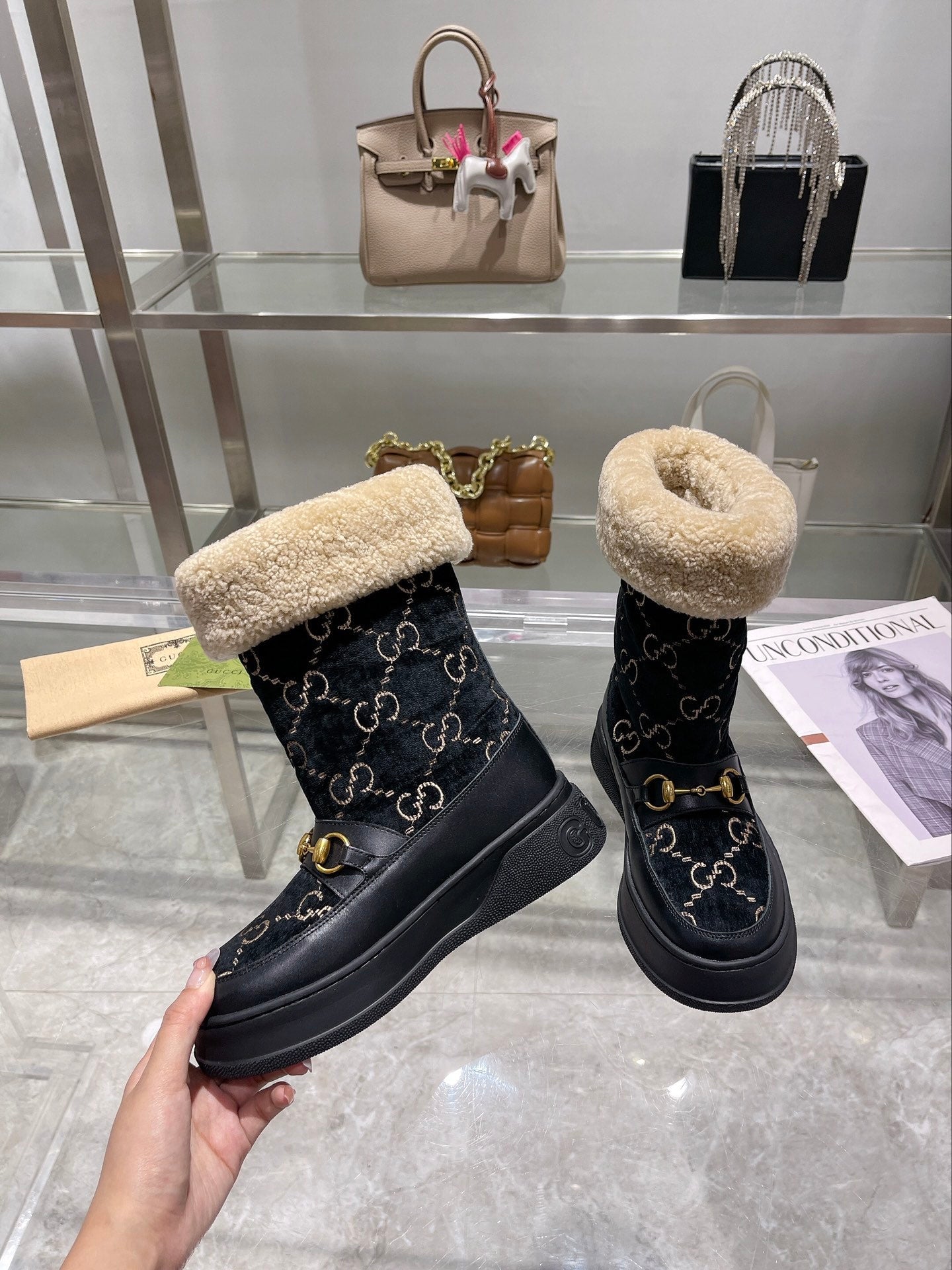 GG 1955 HORSEBIT SNOW BOOTS VELVET FABRIC BLACK