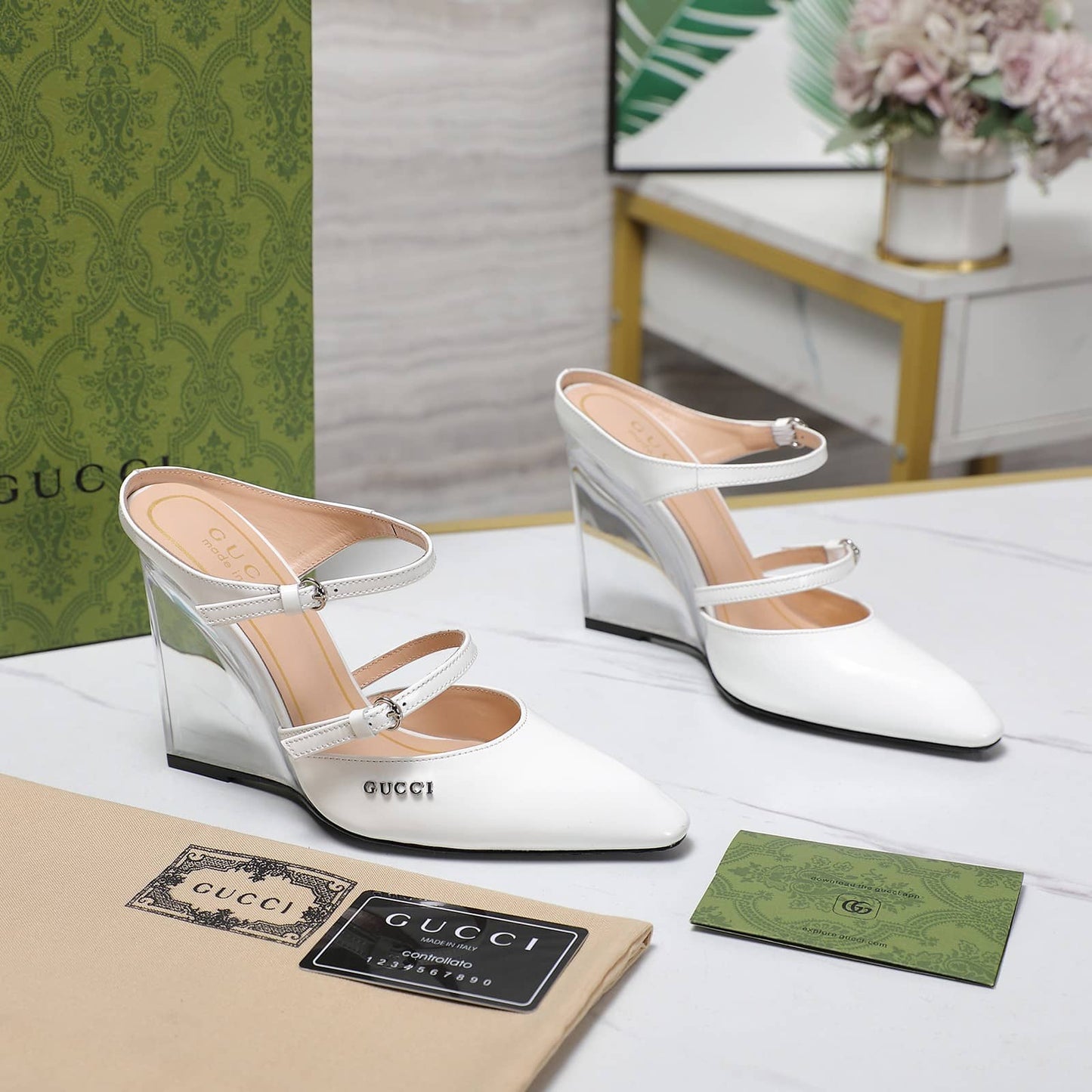 GG WOMEN'S WEDGE MULE WHITE 827856 CLG00 9014