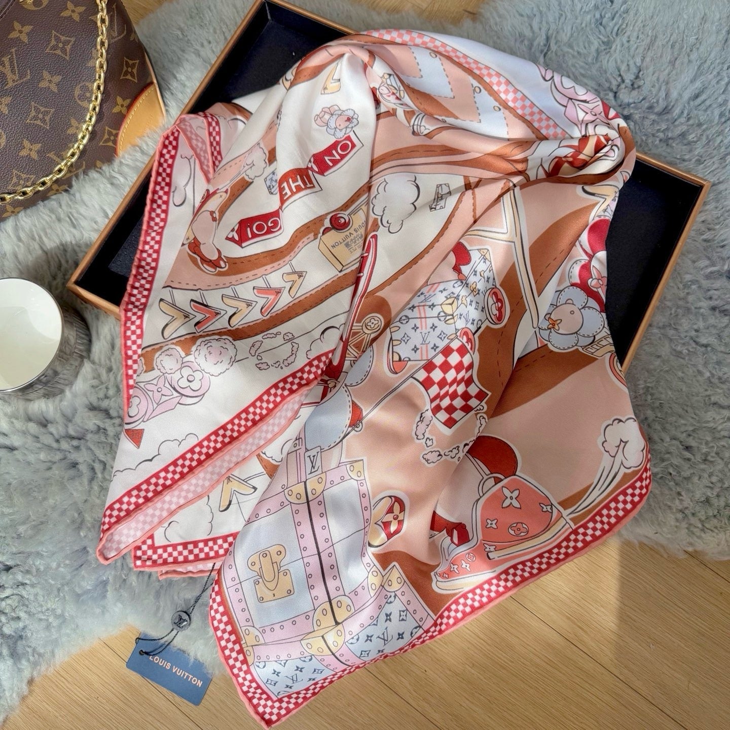 LV VIVIENNE 90 SPEEDY SQUARE SILK SCARF TAN BROWN 90CM M79157