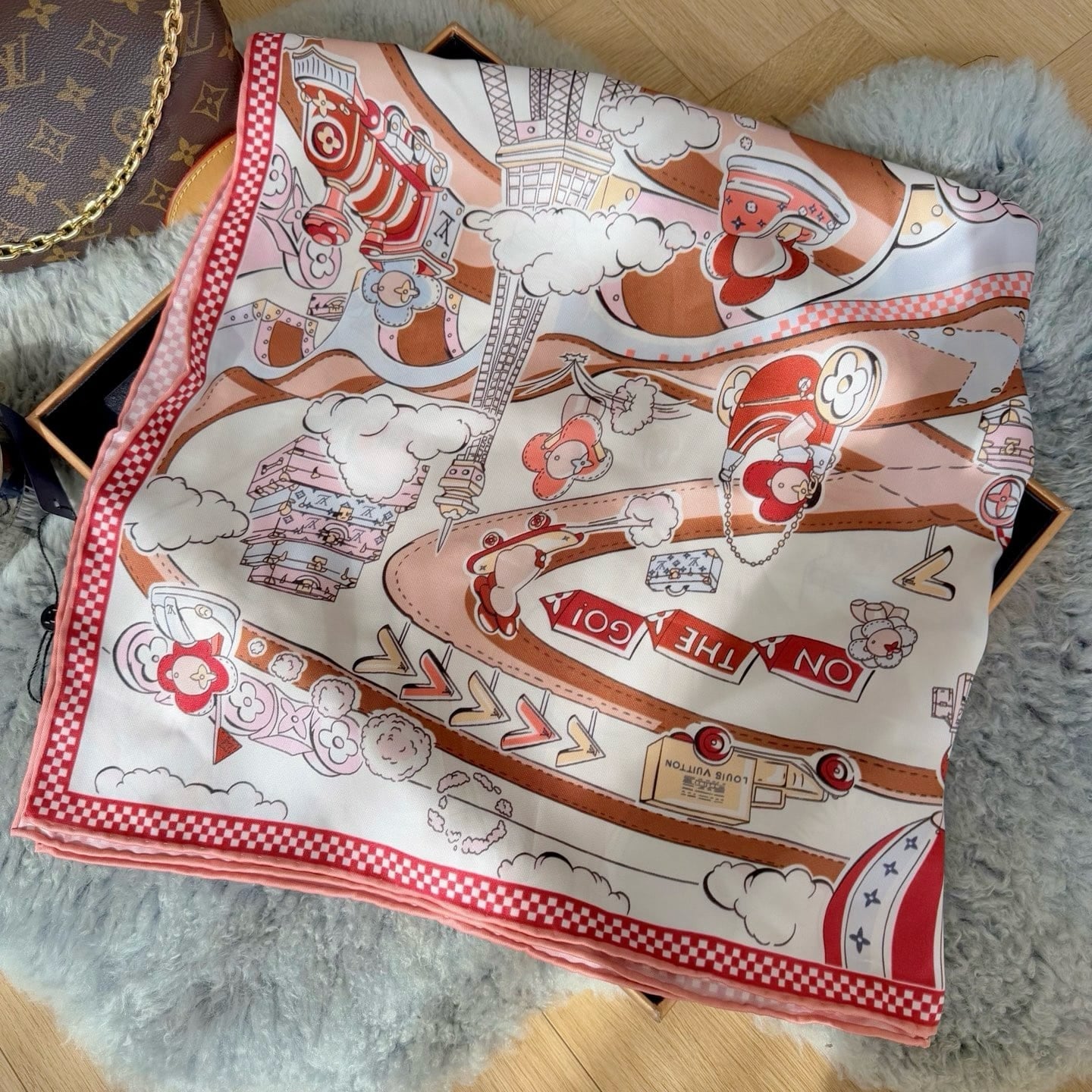 LV VIVIENNE 90 SPEEDY SQUARE SILK SCARF TAN BROWN 90CM M79157