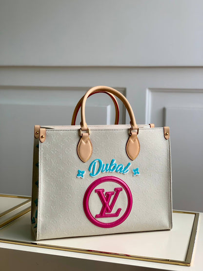 M20815 ONTHEGO TOTE BAG EMBROIDERED AND LEATHER TRIM SMALL 35 white rose