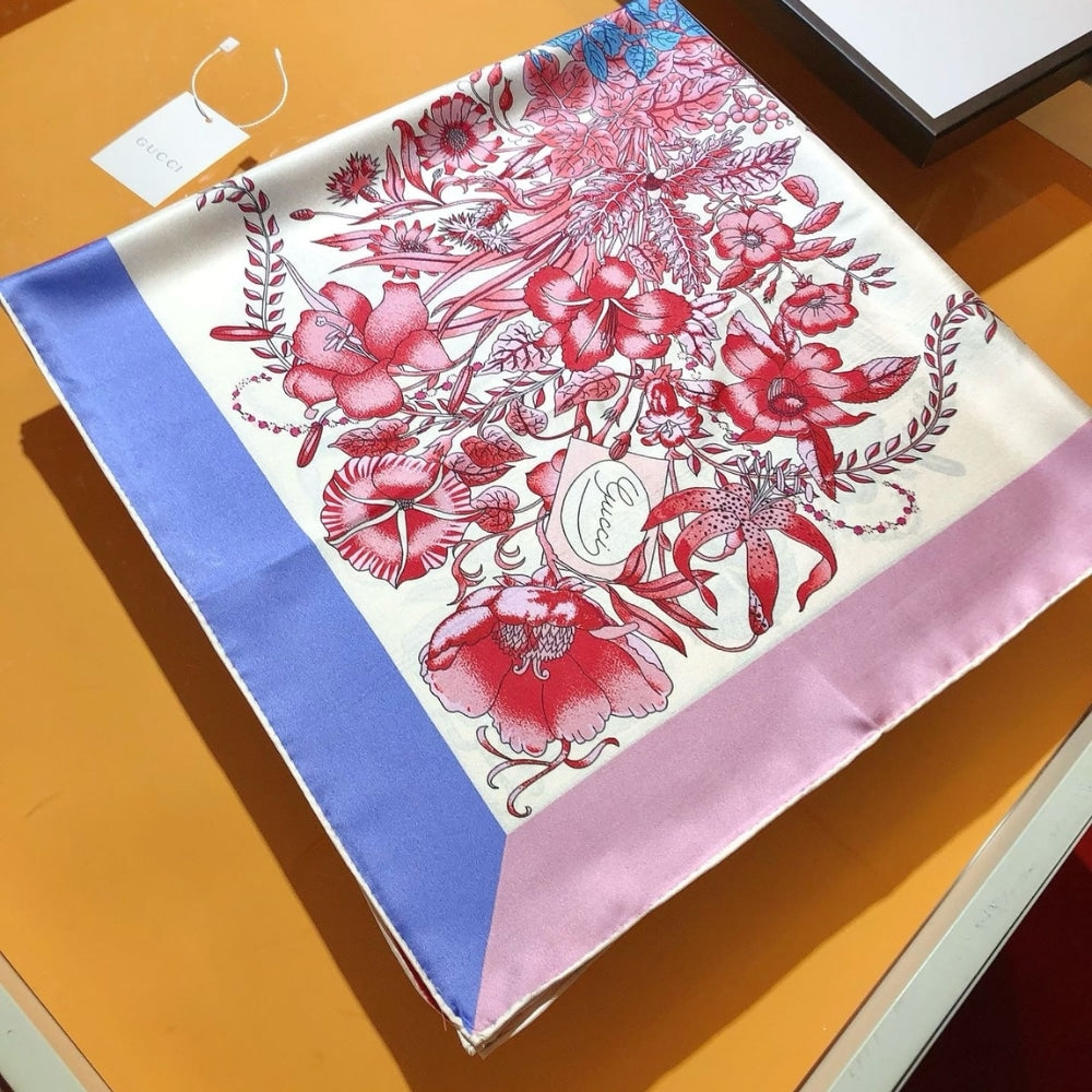 GG FLORAL PRINT SILK SQUARE SCARF IN BLUE AND RED 90CM
