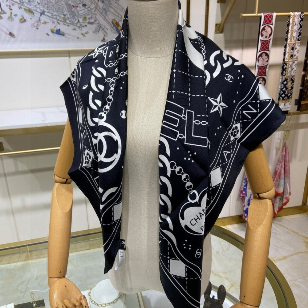 CC CLASSIC DOUBLE C LOGO PRINT SILK SCARF BLACK 90CM