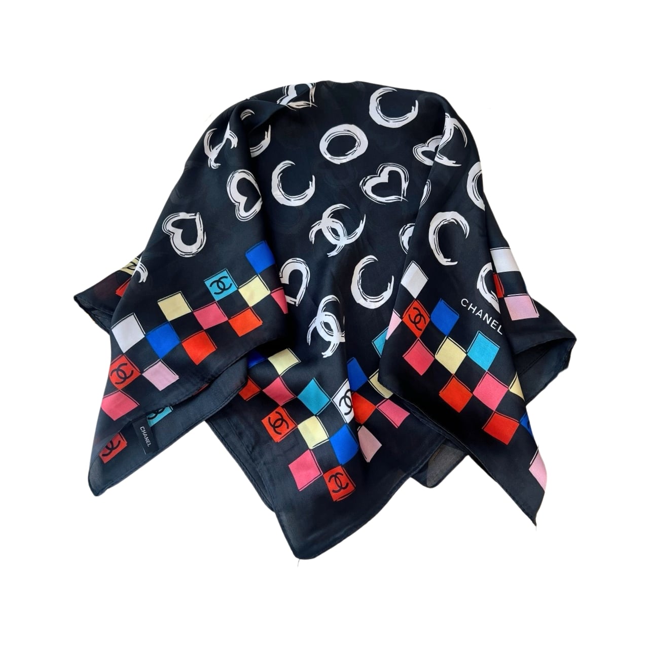 CC HEART AND LOGO PATTERN SILK SCARF IN BLACK 70CM