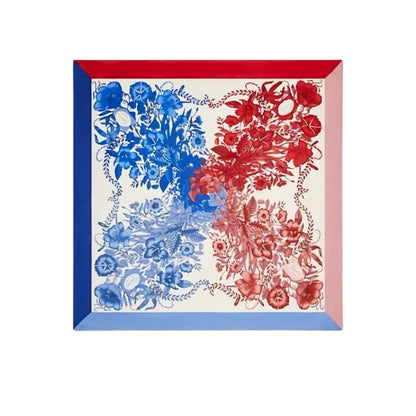 GG FLORAL PRINT SILK SQUARE SCARF IN BLUE AND RED 90CM