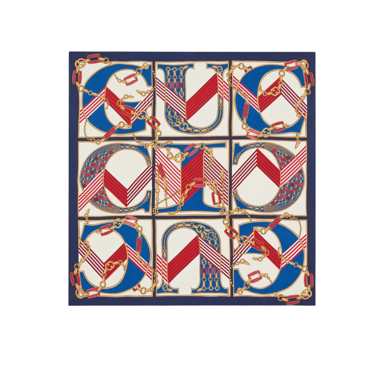 GG PRINTED SILK SCARF IN IVORY WHITE AND DARK BLUE 90CM 739829 3G001 4278