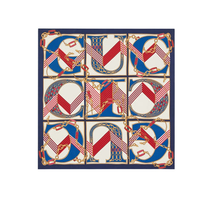 GG PRINTED SILK SCARF IN IVORY WHITE AND DARK BLUE 90CM 739829 3G001 4278