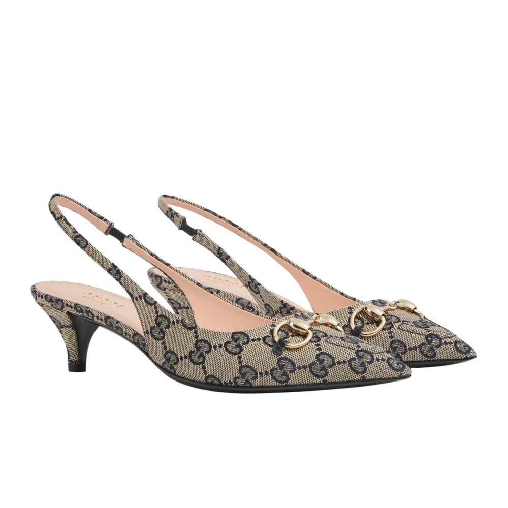 GG WOMEN'S HORSEBIT SLINGBACK PUMP BEIGE AND BLUE 782627 2HK80 4041