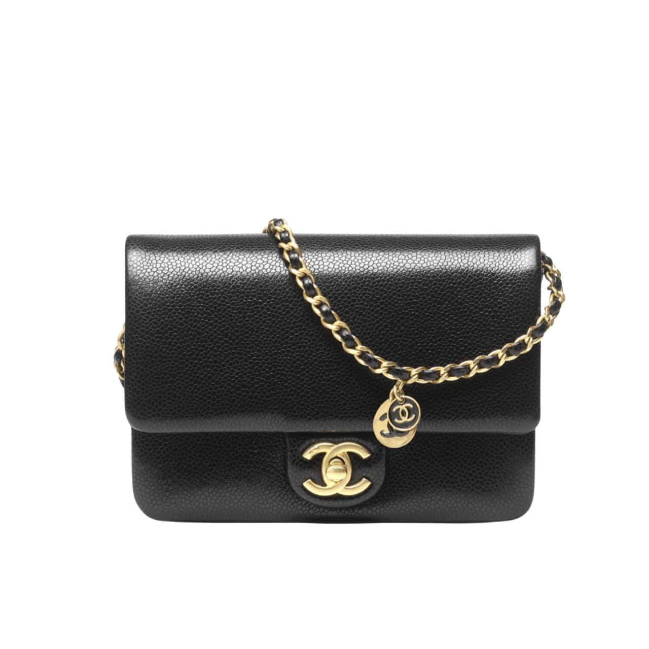 CC MINI FLAP BAG GRAINED SHINY CALFSKIN AND GOLD TONE METAL BLACK 23CM AS5218 B18321 94305