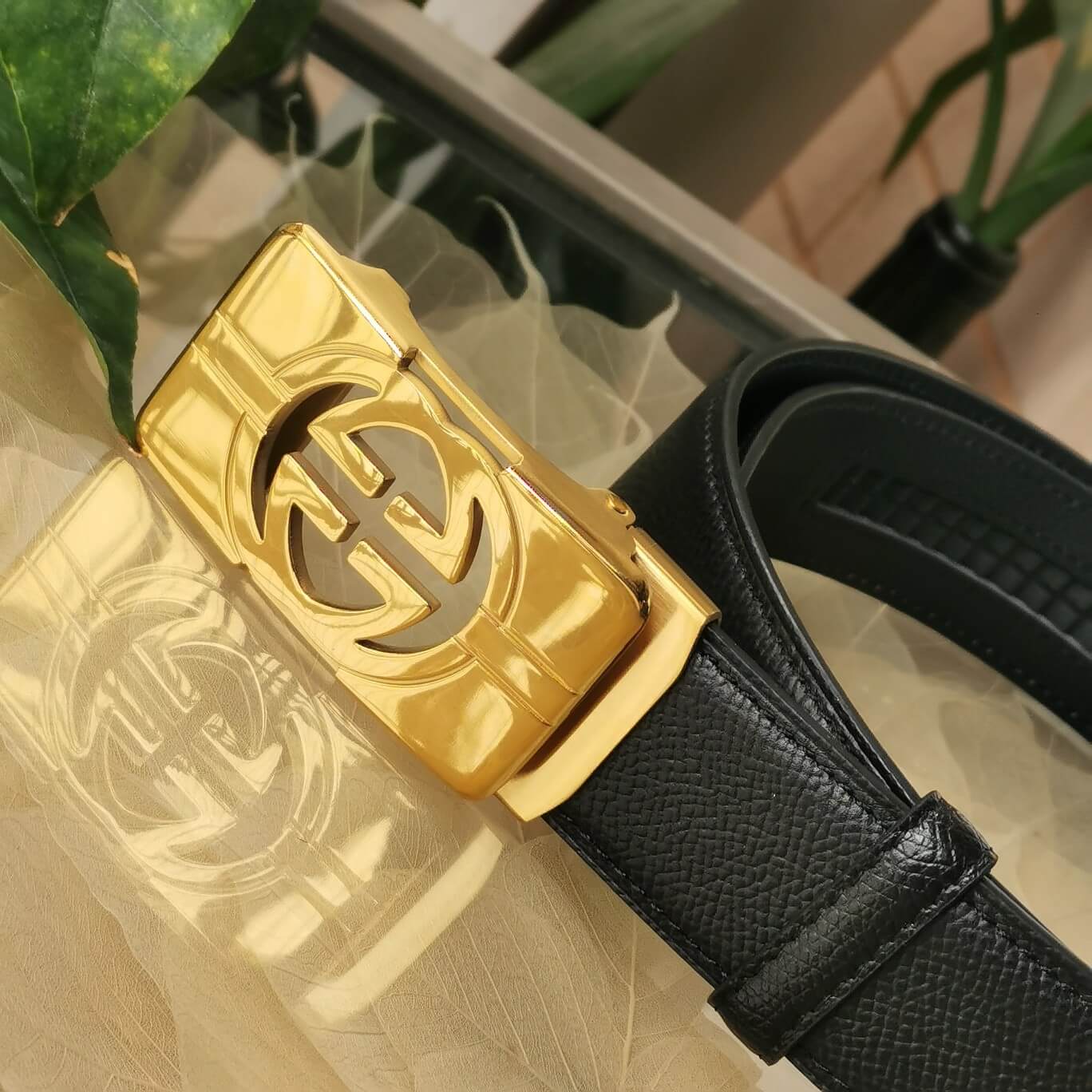 GC BELT Cowhide leather black gold buckle wide 3.5cm Automatic buckle