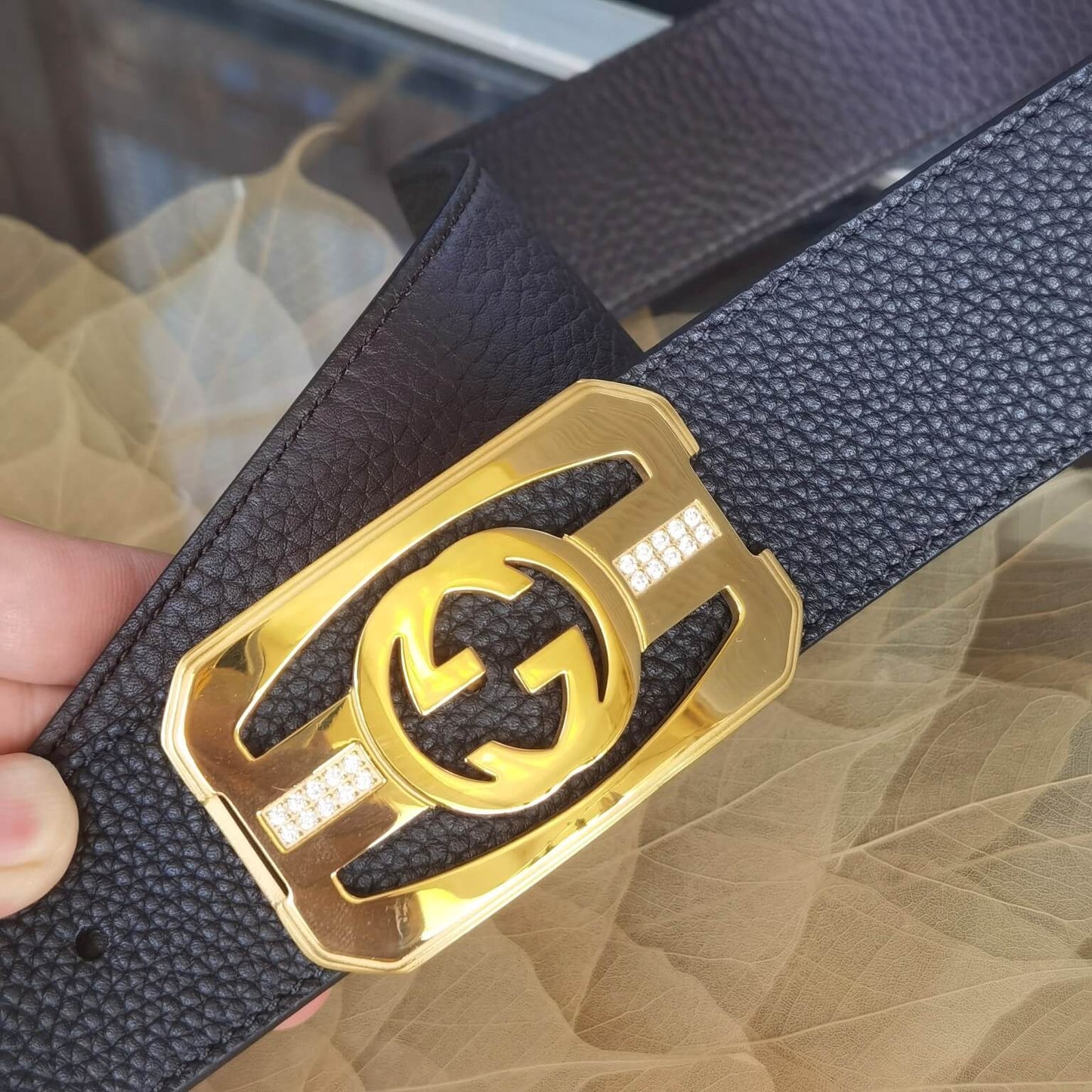 GC BELT Cowhide leather black gold buckle wide 3.8cm