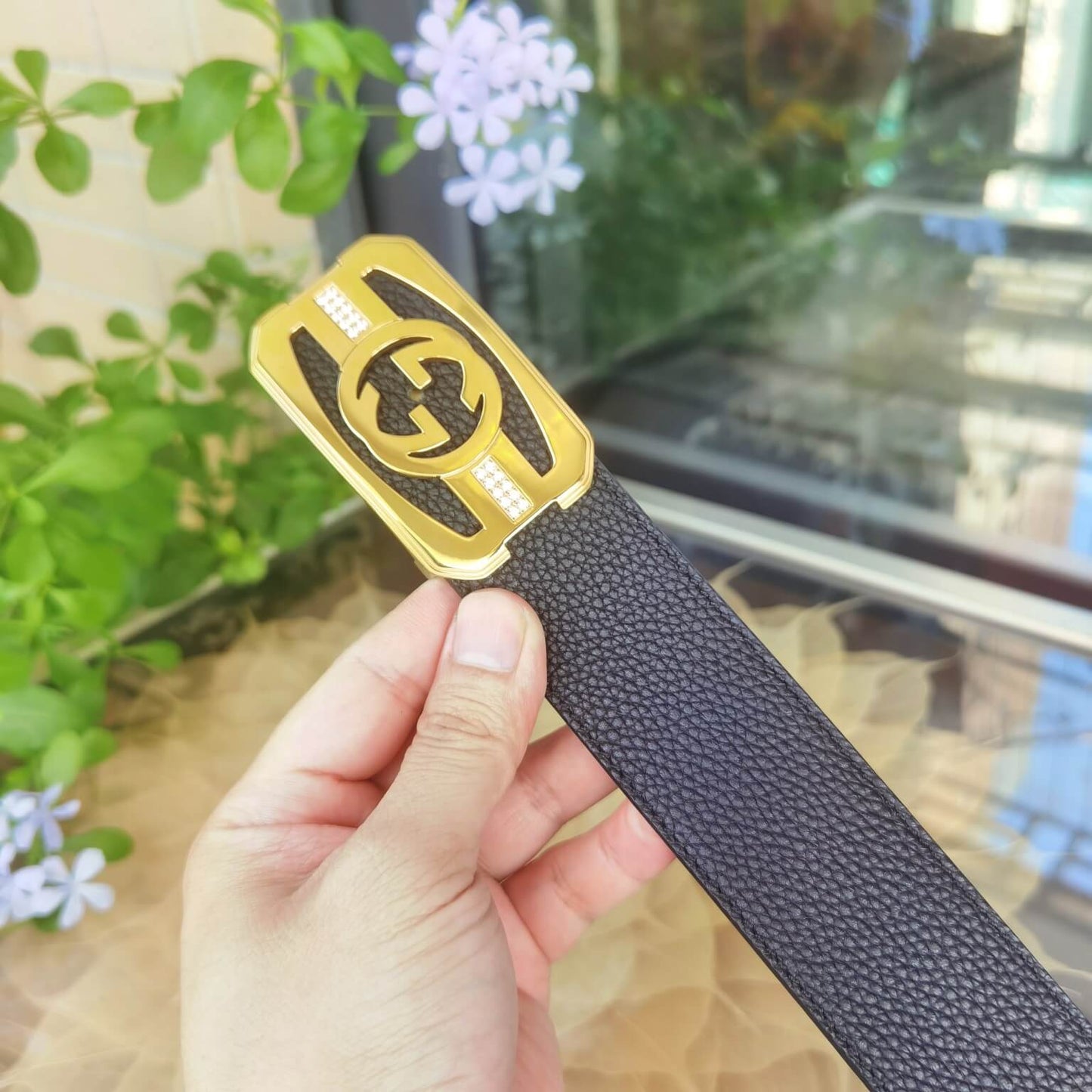GC BELT Cowhide leather black gold buckle wide 3.8cm