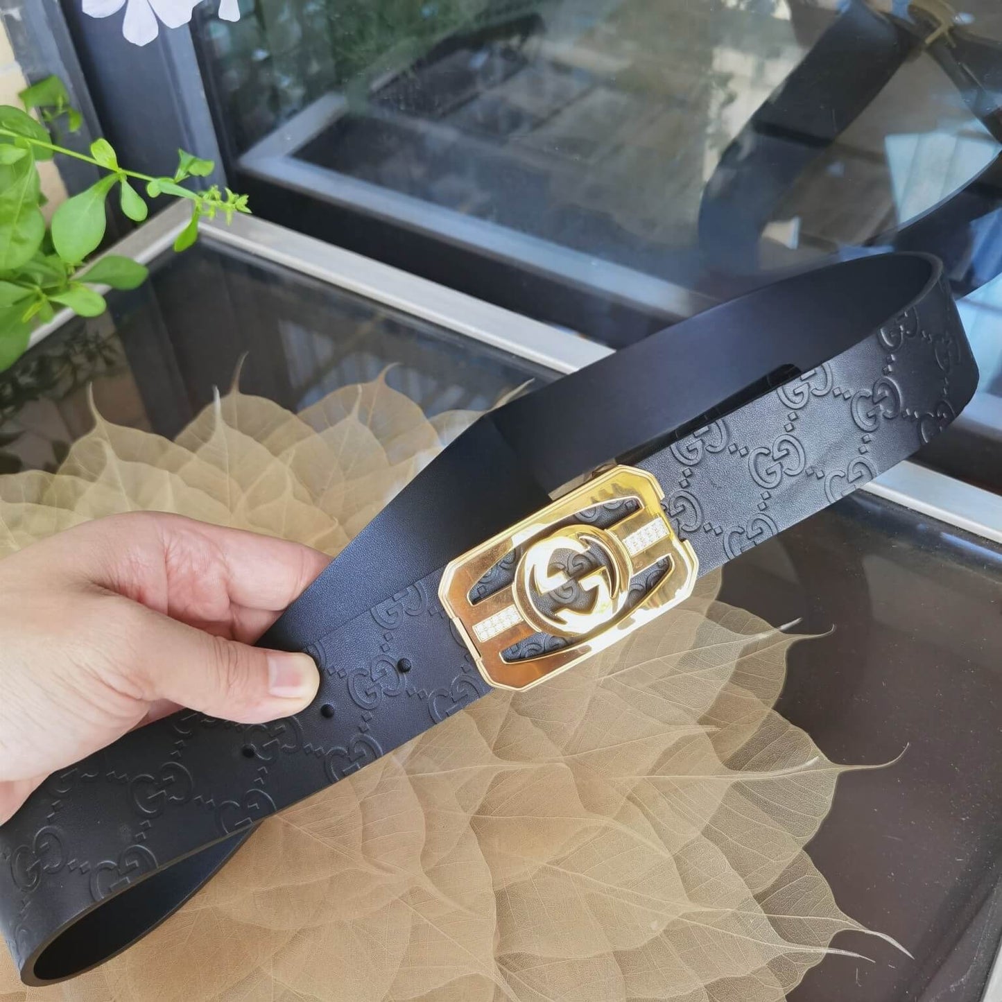 GC BELT Cowhide leather black gold buckle wide 3.8cm Popular belt