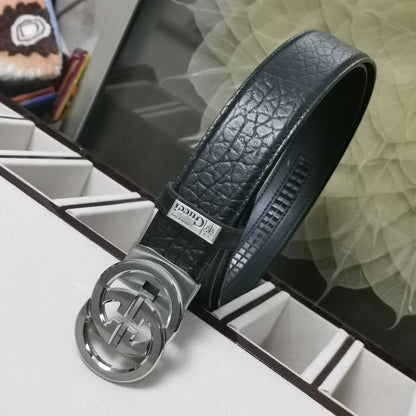 GC BELT Cowhide leather black Silver buckle wide 3.4cm Automatic buckle