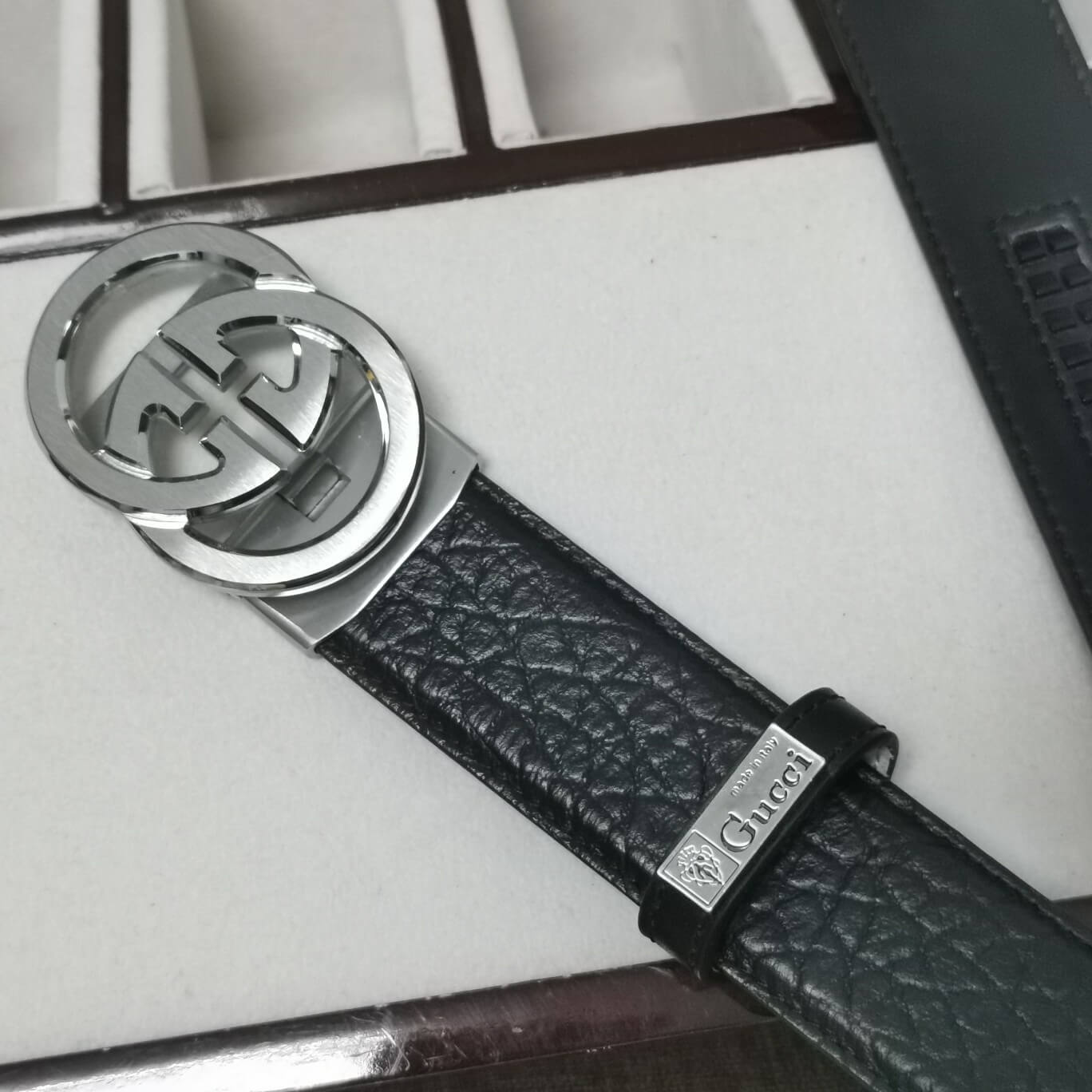 GC BELT Cowhide leather black Silver buckle wide 3.4cm Automatic buckle