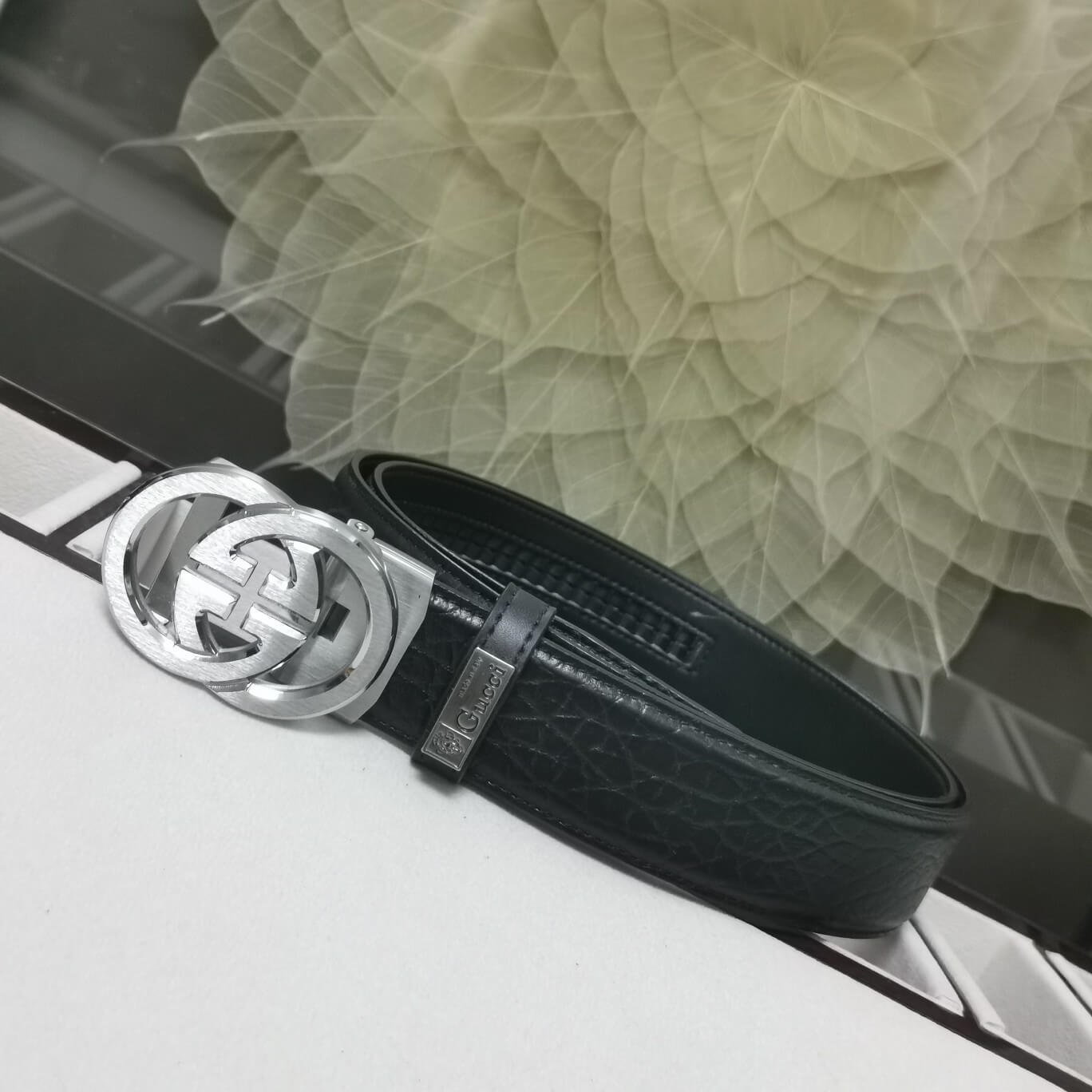 GC BELT Cowhide leather black Silver buckle wide 3.4cm Automatic buckle