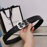 GC BELT Cowhide leather black Silver buckle wide 3.5cm Automatic buckle