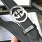 GC BELT Cowhide leather blue Silver buckle wide 3.5cm Automatic buckle