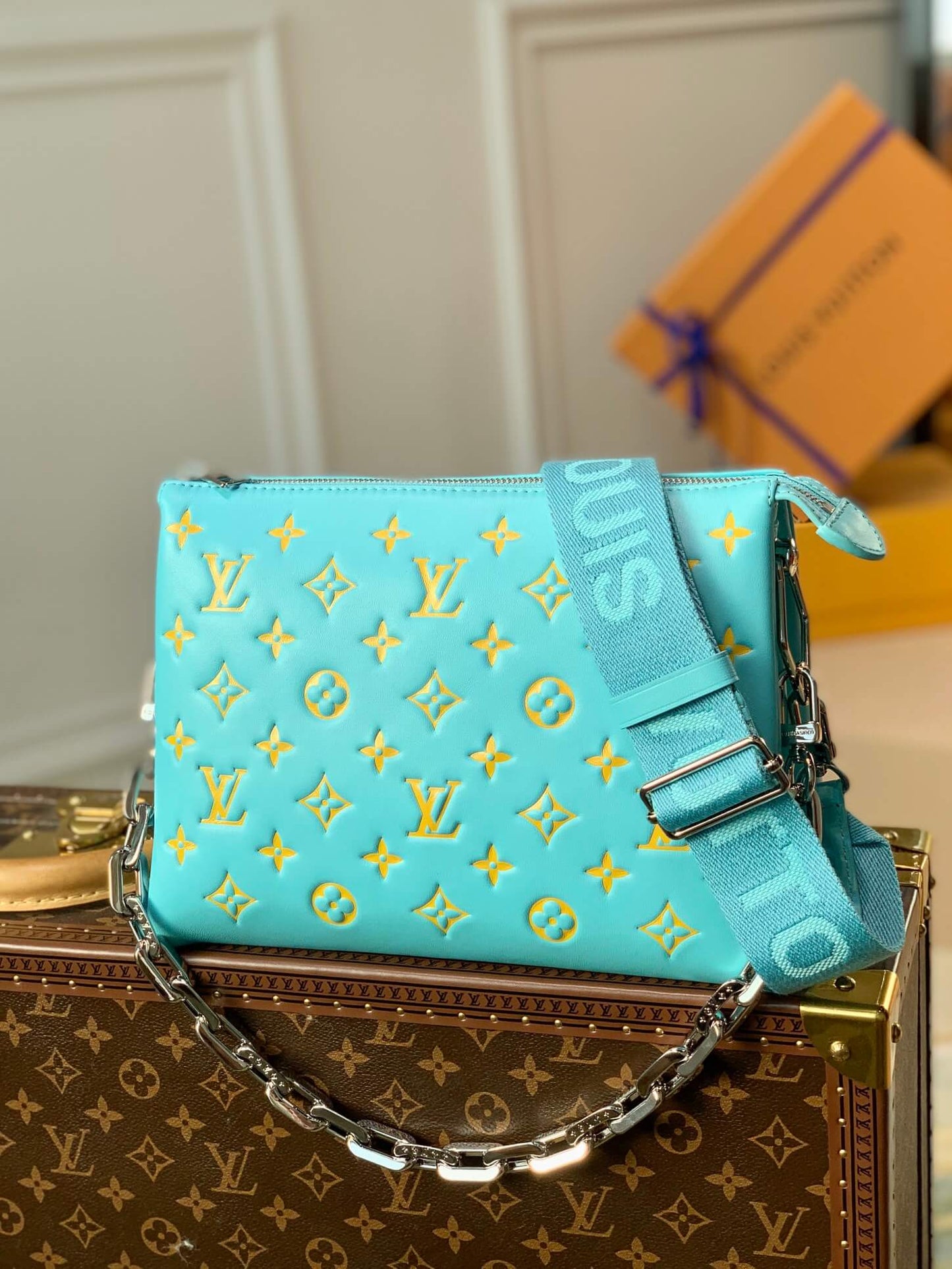 M57793 Pochette Coussin PM Monogram 26cm light blue yellow cowhide-leather